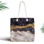 Altın Çizgili Mavi Zeminli Dijital Baskılı Fermuarlı Kumaş Çanta Realhomes