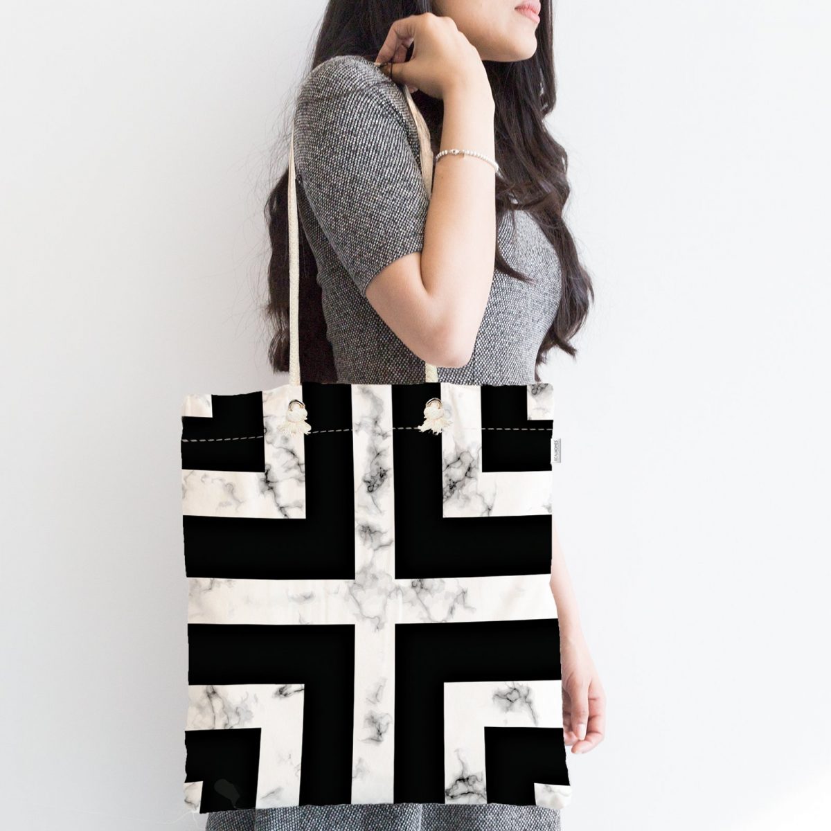 Mermer Zeminli Siyah Geometrik Desenli Modern Fermuarlı Kumaş Çanta Realhomes