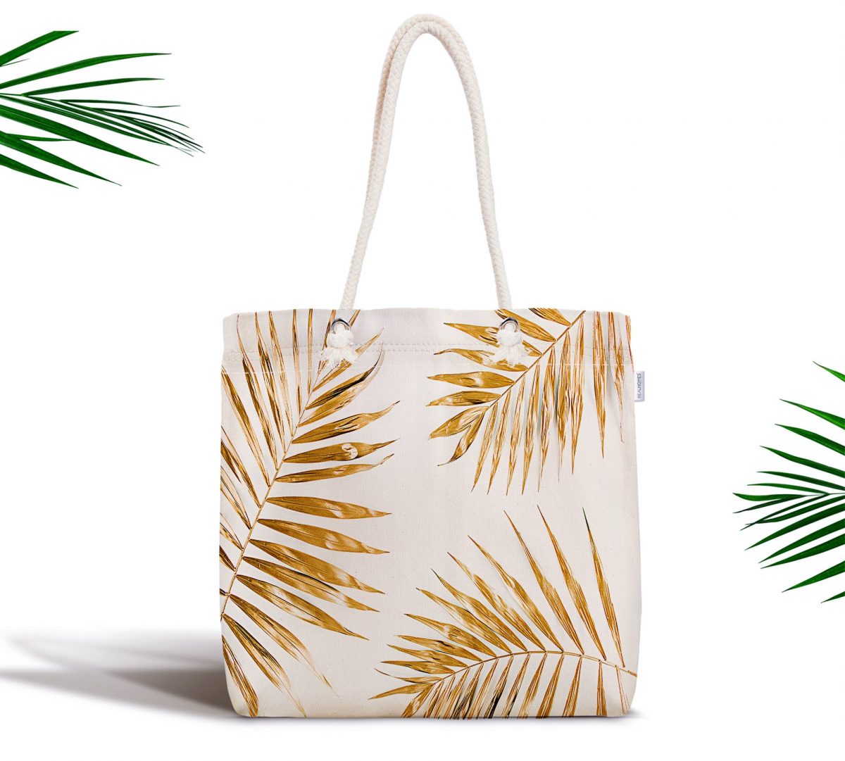 Altın Renkli Palmiye Yaprakları Dijital Baskılı Fermuarlı Kumaş Çanta Realhomes