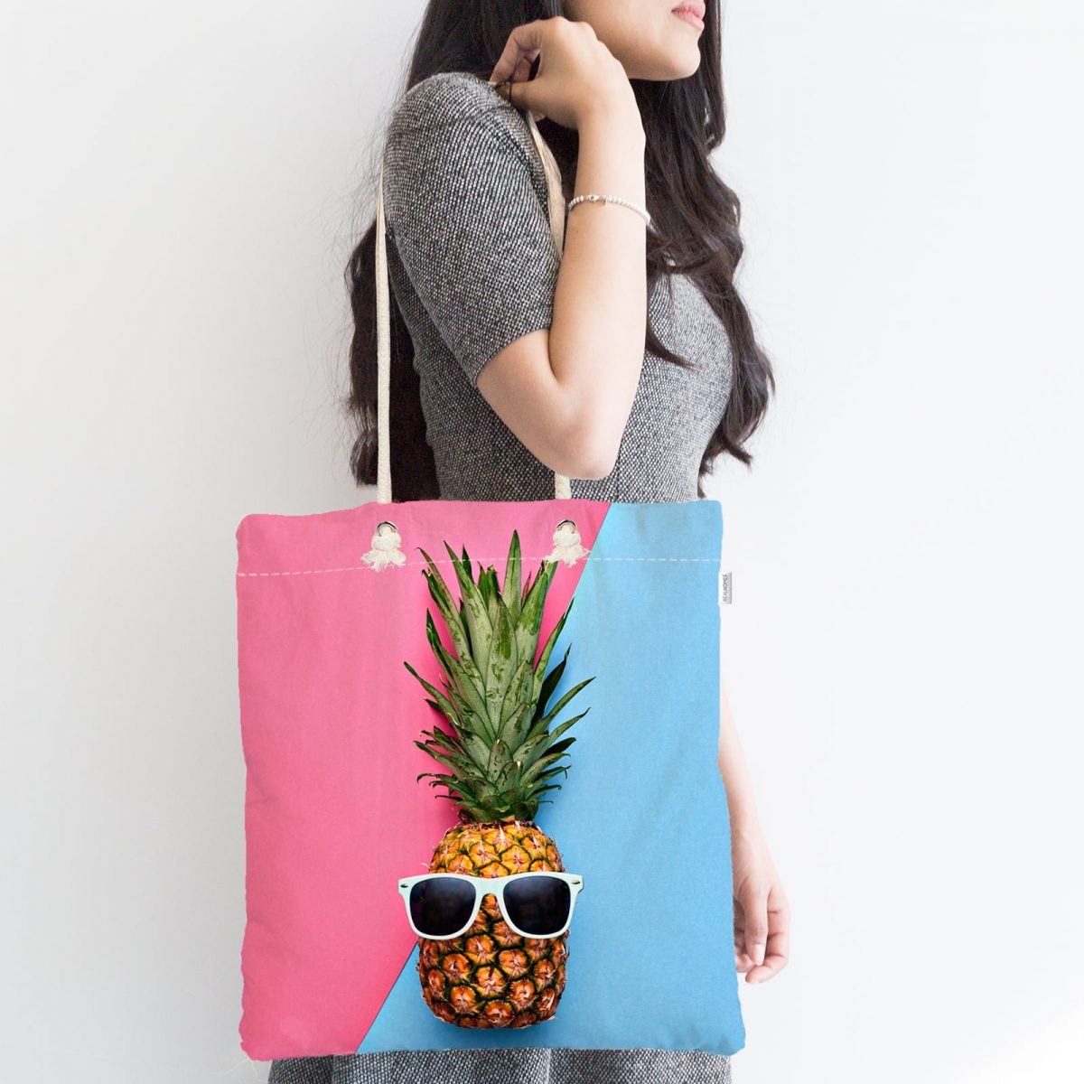 Mavi Pembe Ananas Desenli Modern Fermuarlı Kumaş Çanta Realhomes