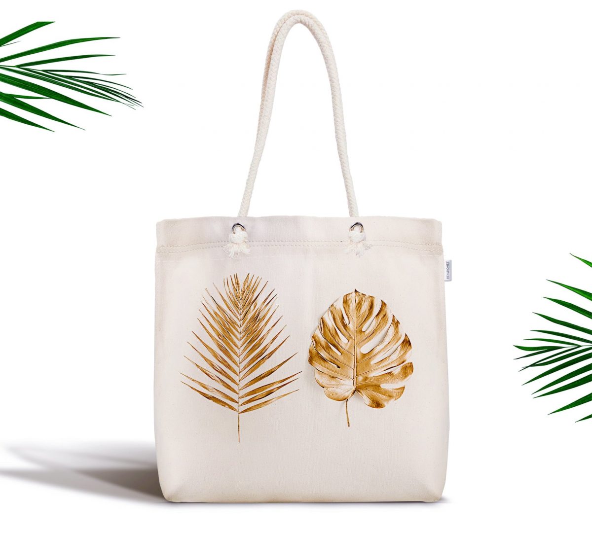 3D Altın Görünümlü Palmiye Yaprakları Modern Fermuarlı Kumaş Çanta Realhomes