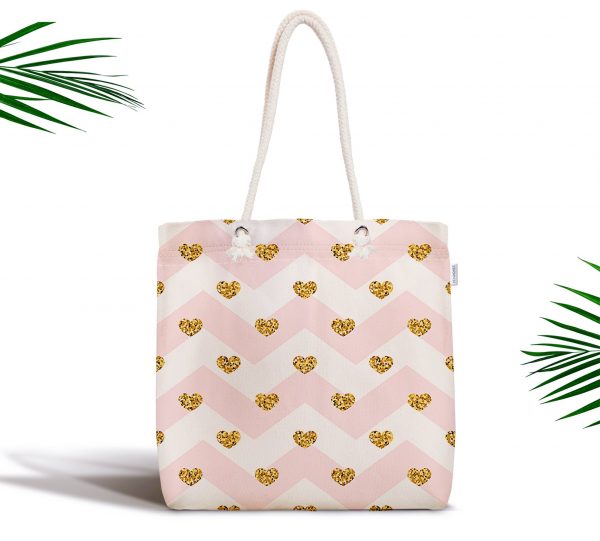 - kumas-canta-3223 - Realhomes  Pembe Zigzag Desenli Altın Detaylı Modern Fermuarlı Kumaş Çanta Realhomes