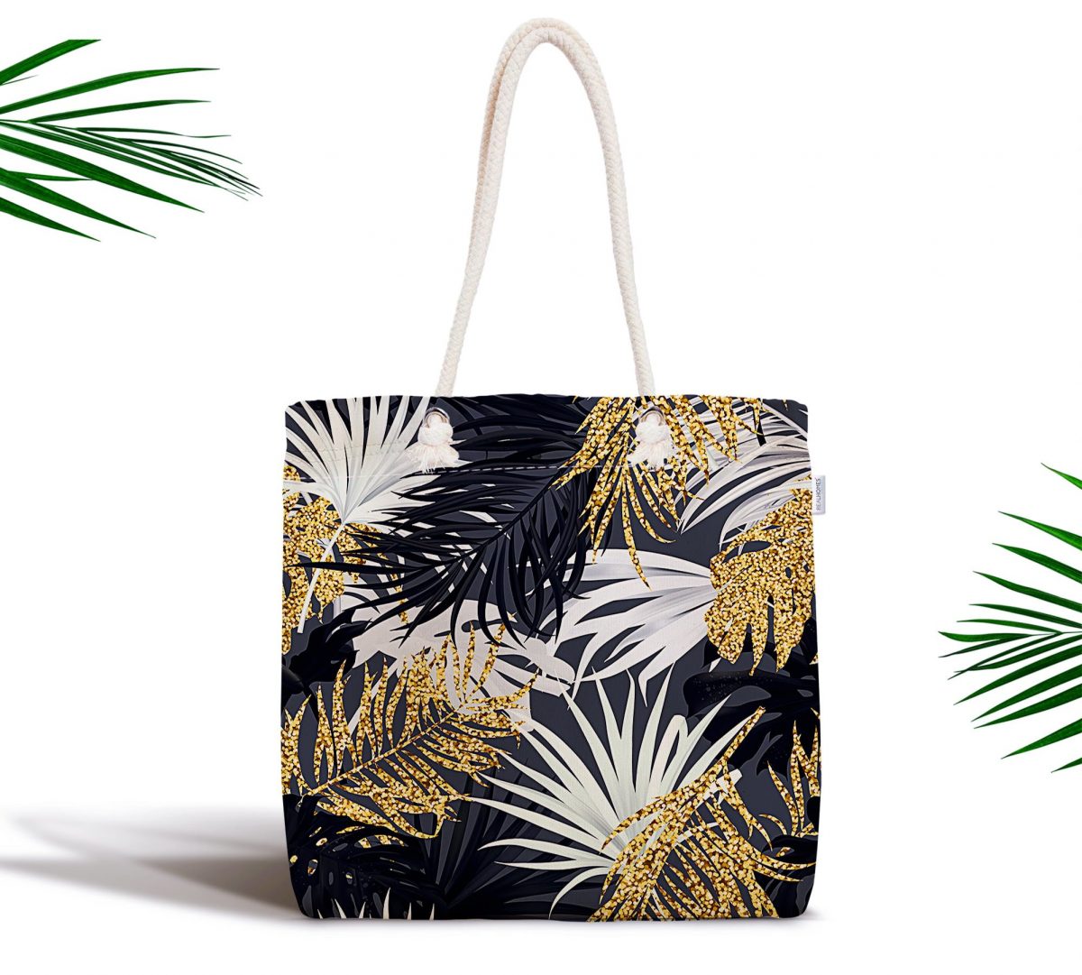 Siyah Zeminde Palmiye Yaprakları Özel Tasarım Fermuarlı Kumaş Çanta Realhomes