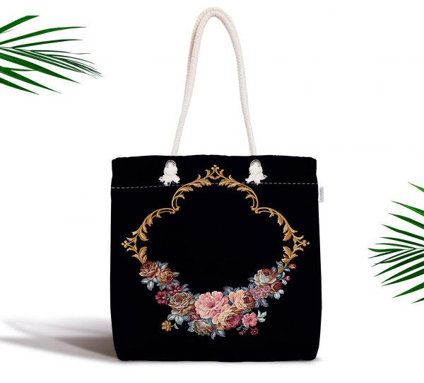 - kumas-canta-3241 - Realhomes  Siyah Zeminde Otantik Çiçekler Özel Tasarım Fermuarlı Kumaş Çanta Realhomes