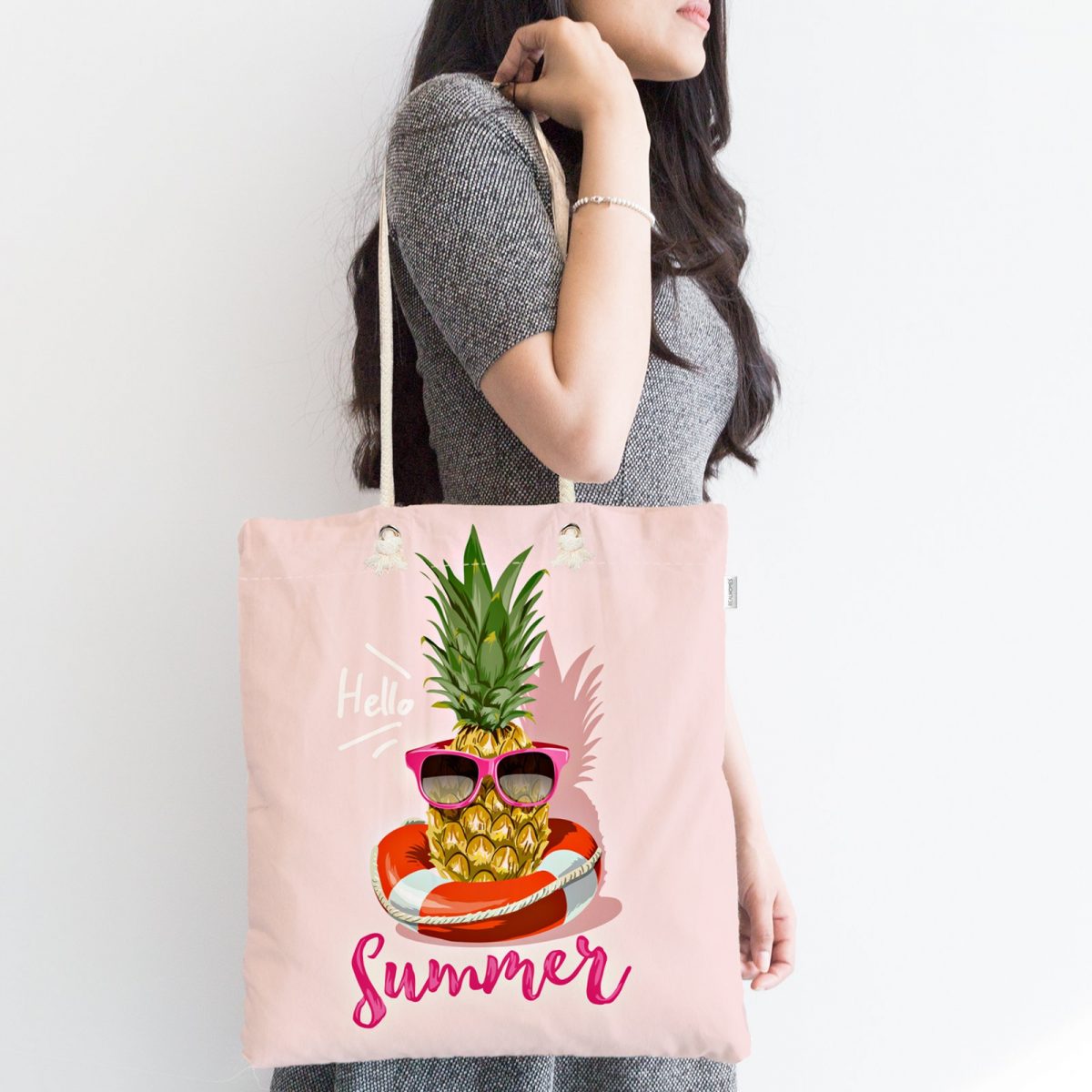 Pembe Zeminli Summer Ananas Desenli Fermuarlı Kumaş Çanta Realhomes