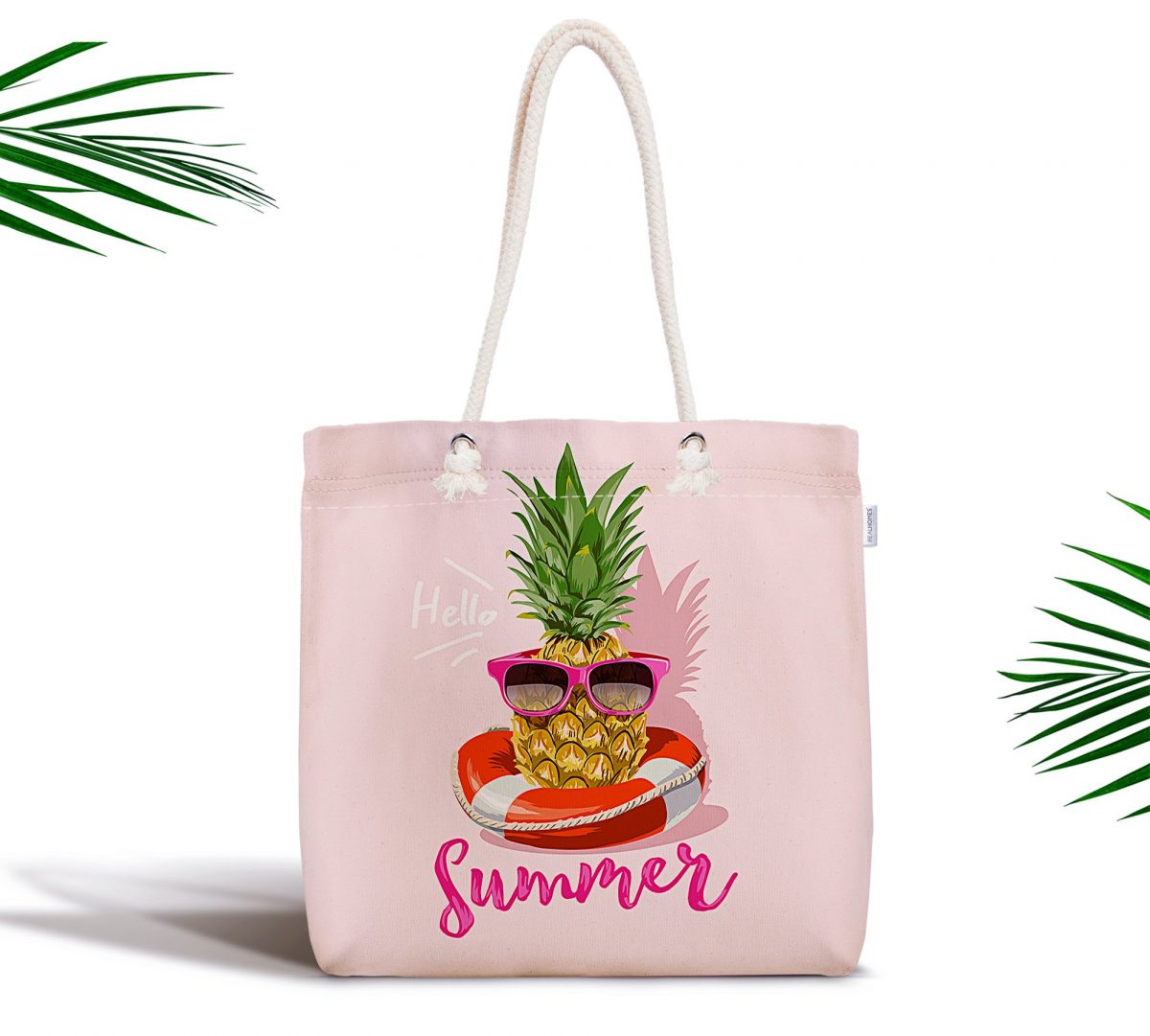 Pembe Zeminli Summer Ananas Desenli Fermuarlı Kumaş Çanta Realhomes