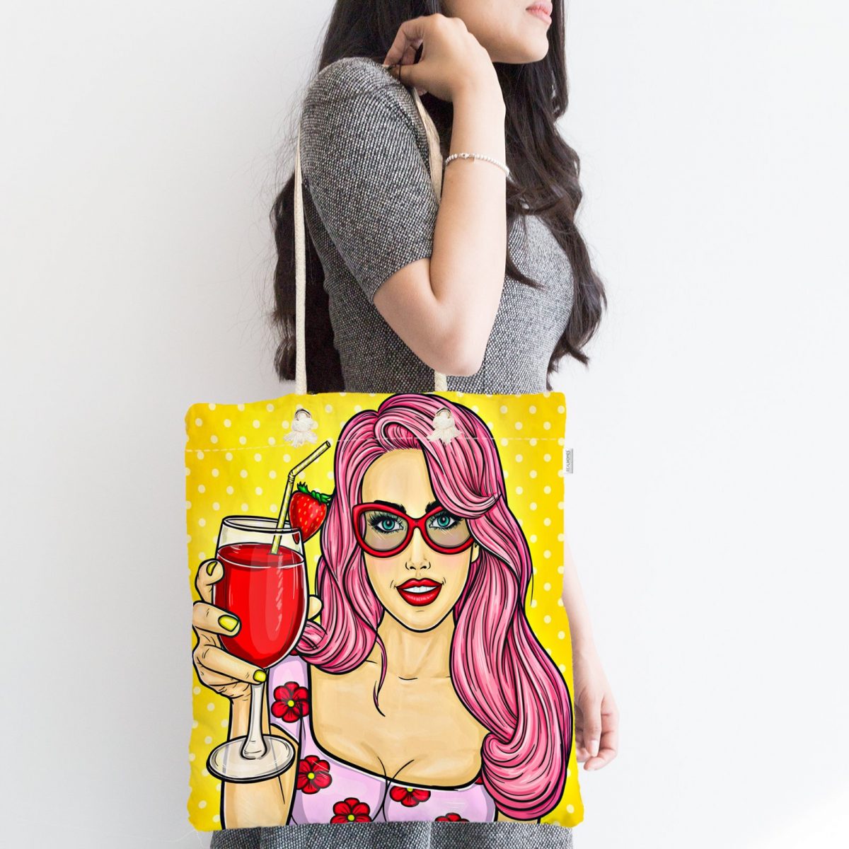 Sarı Zeminli Popart Girl Desenli Fermuarlı Modern Kumaş Çanta Realhomes