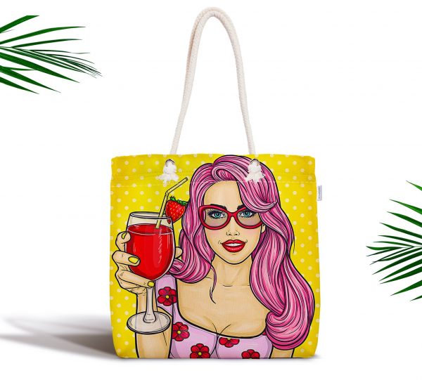 - kumas-canta-3287 - Realhomes  Sarı Zeminli Popart Girl Desenli Fermuarlı Modern Kumaş Çanta Realhomes