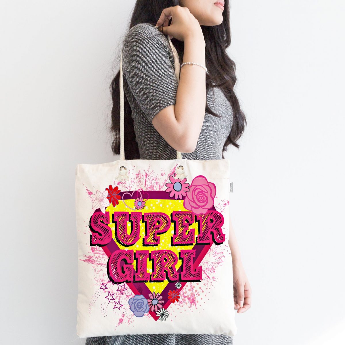 Özel Tasarım Super Girl Tasarımlı Dijital Baskılı Fermuarlı Bez Çanta Realhomes