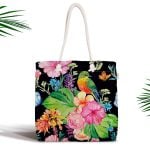 Siyah Zeminde Lilyum ve Flamingo Özel Tasarım Fermuarlı Kumaş Çanta Realhomes