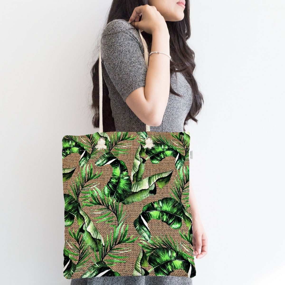 Çuval Zeminde Yeşil Yaprak Desenli Özel Tasarım Fermuarlı Kumaş Çanta Realhomes