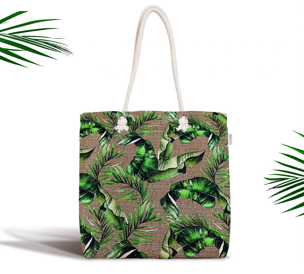 Çuval Zeminde Yeşil Yaprak Desenli Özel Tasarım Fermuarlı Kumaş Çanta Realhomes