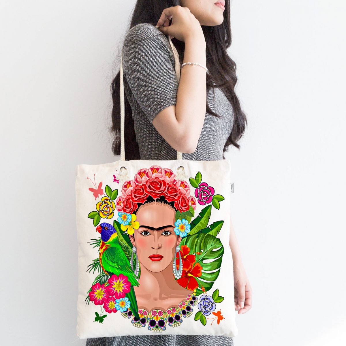 Özel Tasarım Frida Kahlo Tasarımlı Fermuarlı Modern Kumaş Çanta Realhomes