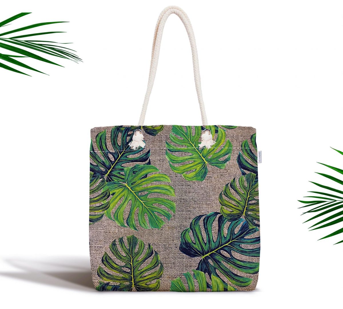 Çuval Zeminli Palmiye Yaprakları Özel Tasarım Fermuarlı Kumaş Çanta Realhomes