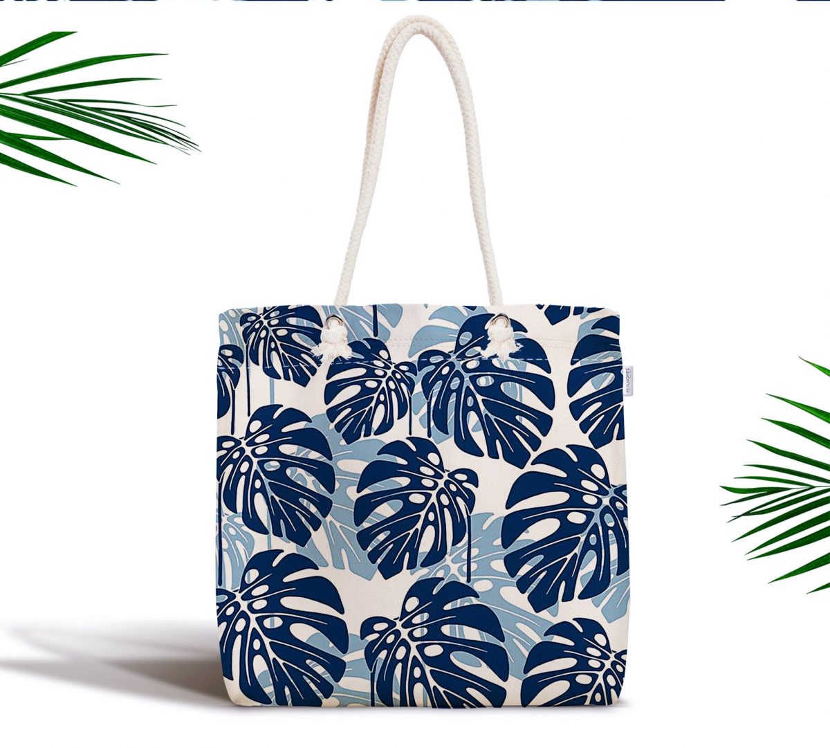 Mavi Renkli Palmiye Yaprakları Dijital Baskılı Fermuarlı Kumaş Çanta Realhomes