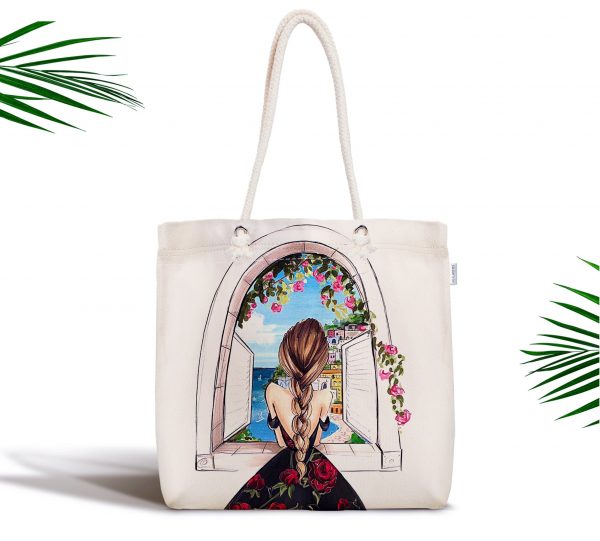 - kumas-canta-3383 - Realhomes  Mutluluk Manzarası Suluboya Çizimli Özel Tasarım Fermuarlı Modern Kumaş Çanta Realhomes