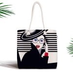 Siyah Zeminde Pempe Mavi Zambak Desenli Modern Fermuarlı Kumaş Çanta Realhomes