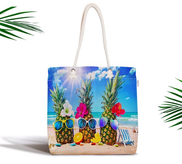 Sahilde Ananaslar Özel Tasarım Dijital Baskılı Fermuarlı Kumaş Çanta Realhomes
