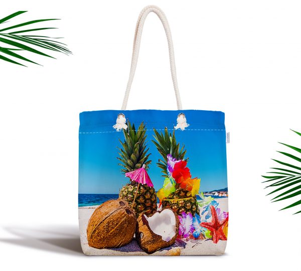 - kumas-canta-3422 - Realhomes  Sahilde Ananaslar Dijital Baskılı Fermuarlı Plaj Çantası Realhomes
