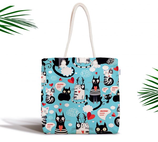 - kumas-canta-3488 - Realhomes  Mavi Zeminli Kedicikler Özel Tasarımlı Fermuarlı Kumaş Çanta Realhomes