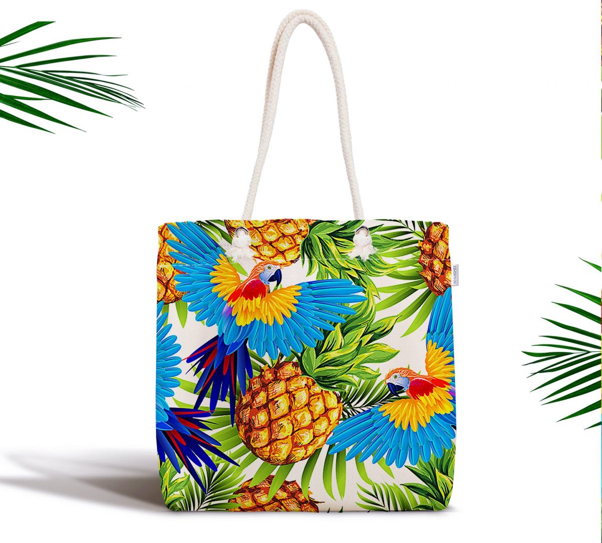 Ananas Tropikal Desenli Özel Tasarım Dijital Baskılı Fermuarlı Kumaş Çanta Realhomes