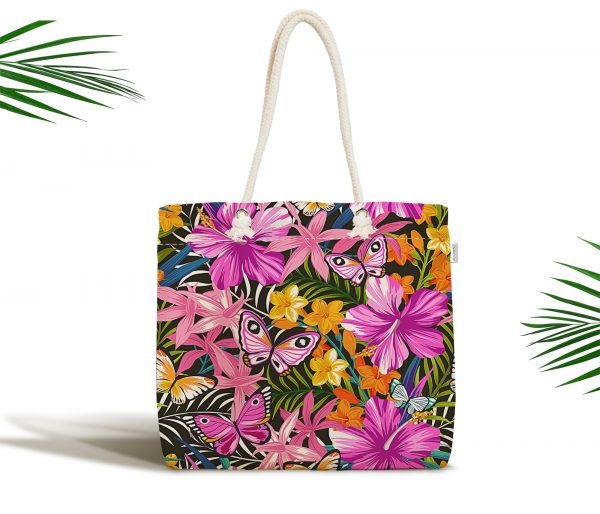 - kumas-canta-3513 - Realhomes  Siyah Zeminde Tropikal Desenli Özel l Tasarım Fermuarlı Kumaş Çanta Realhomes