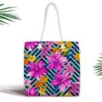 Geometrik Zeminli Çiçekler Özel Tasarımlı Dijital Baskılı Fermuarlı Kumaş Çanta Realhomes