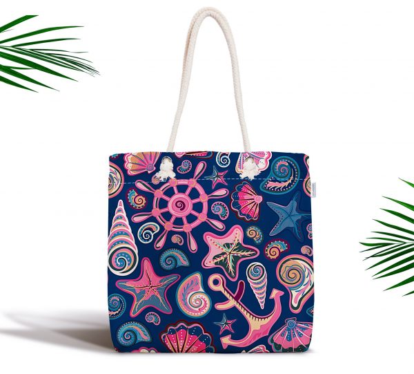 - kumas-canta-3538 - Realhomes  Lacivert Zeminli Deniz Midyeleri Dijital Baskılı Fermuarlı Kumaş Çanta Realhomes