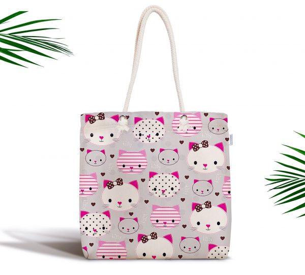 - kumas-canta-893 - Realhomes  Gri Zeminli Kedicikler Dijital Baskılı Fermuarlı Kumaş Çanta Realhomes