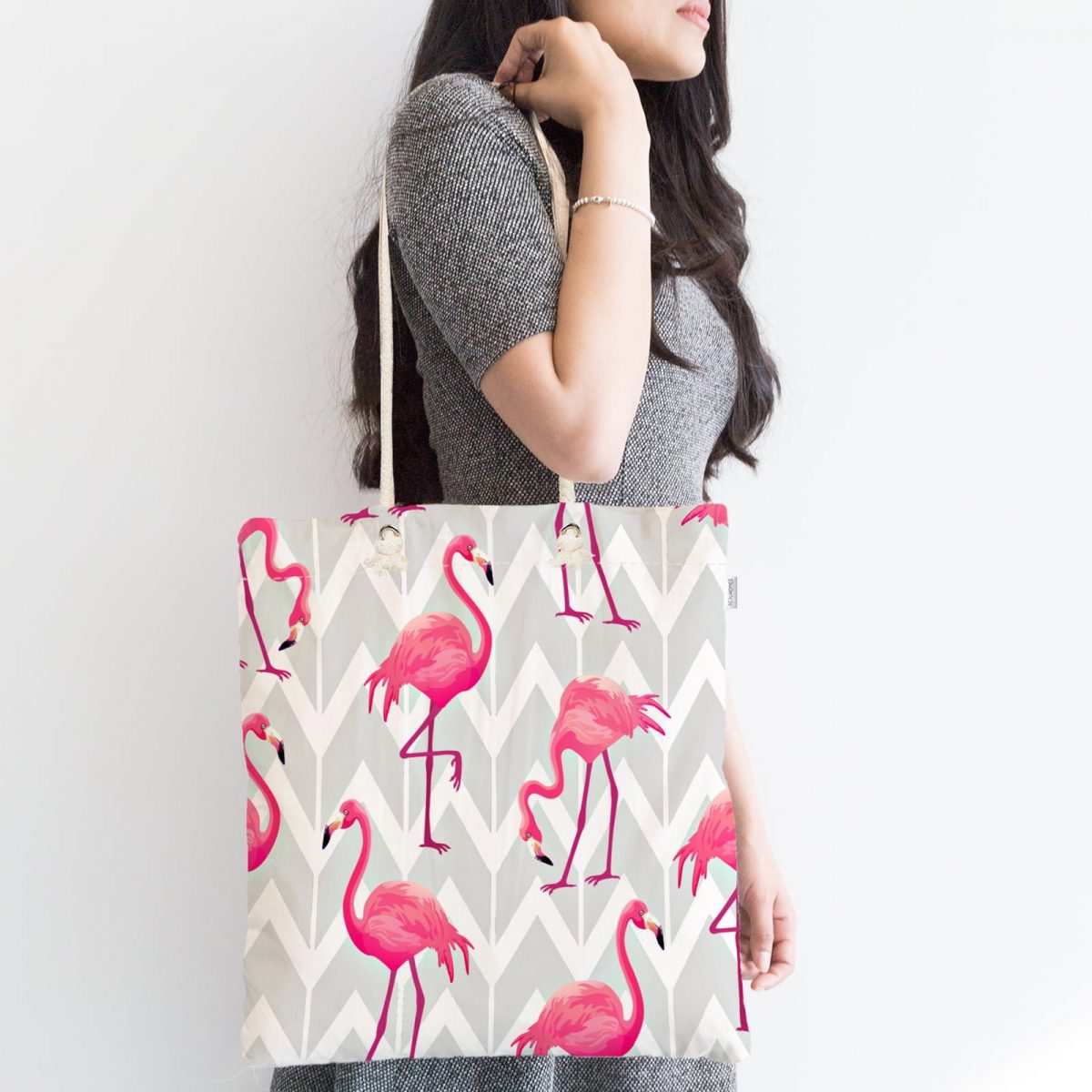 Gri Zeminde Flamingo Desenli Dijital Baskılı Fermuarlı Kumaş Çanta Realhomes