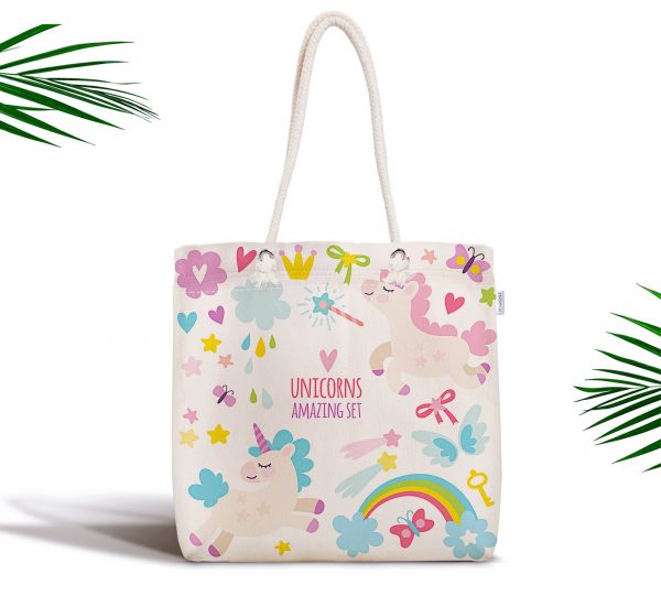 - kumas-canta-974 - Realhomes  Unicorns Set Dijital Baskılı Fermuarlı Kumaş Çanta Realhomes