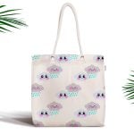 Gri Zeminli Bulut ve Ay Dijital Baskılı Fermuarlı Modern Kumaş Çanta Realhomes