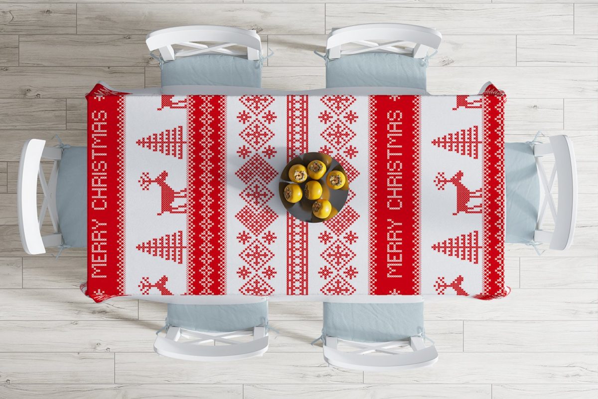 Merry Christmas Kanaviçe Görünümlü Geyikler Baskılı Leke Tutmaz Masa Örtüsü Realhomes