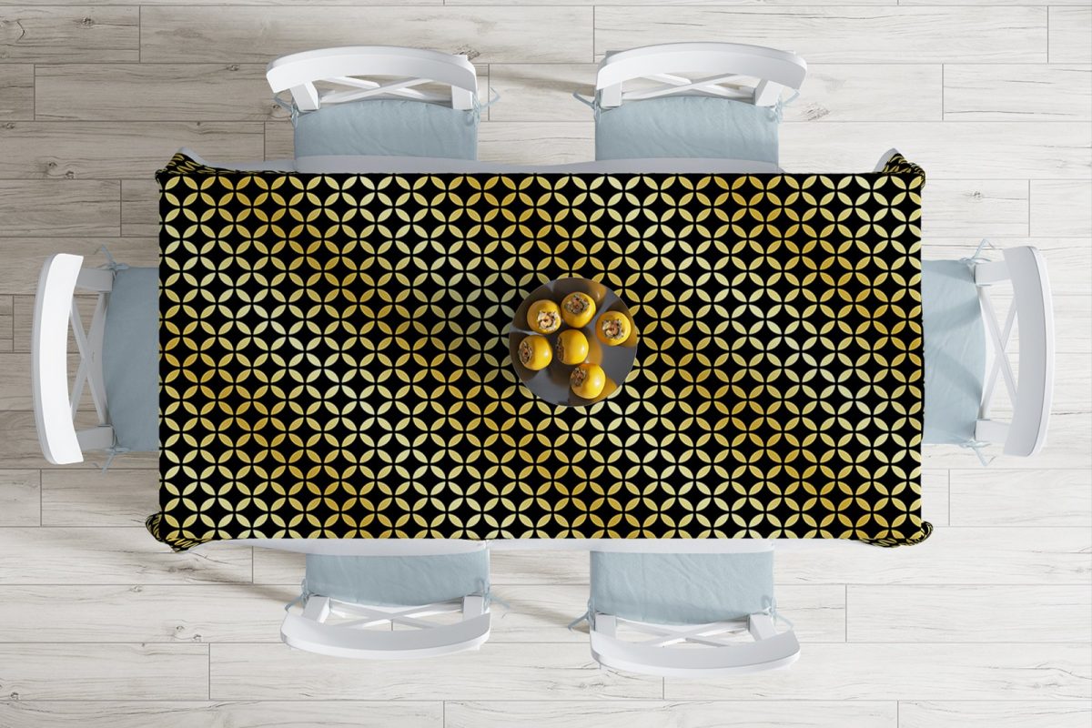 Siyah Zeminde Gold Geometrik Desenli Dekoratif Leke Tutmaz Masa Örtüsü Realhomes
