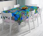 - realhomesMasa3461 - Realhomes  Geometrik Zeminli Mavi Kelebek Baskılı Leke Tutmaz Masa Örtüsü Realhomes