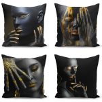 Siyah Zemin Altın Varaklı Dekoratif 4'lü Yastık Kırlent Kılıf Seti Realhomes