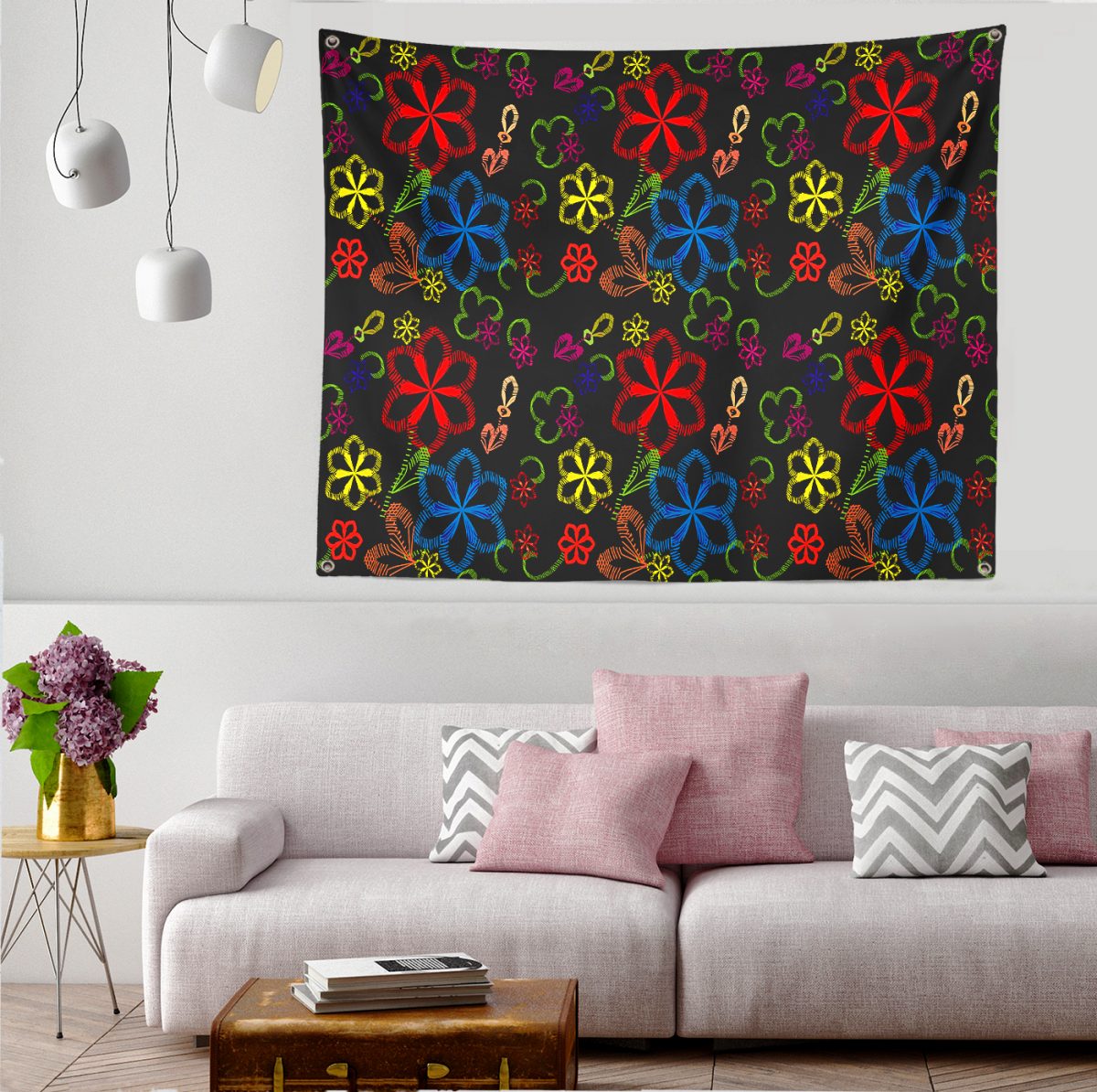 Siyah Zeminde Çiçek Motifleri Özel Tasarımlı Tapestry Duvar Örtüsü