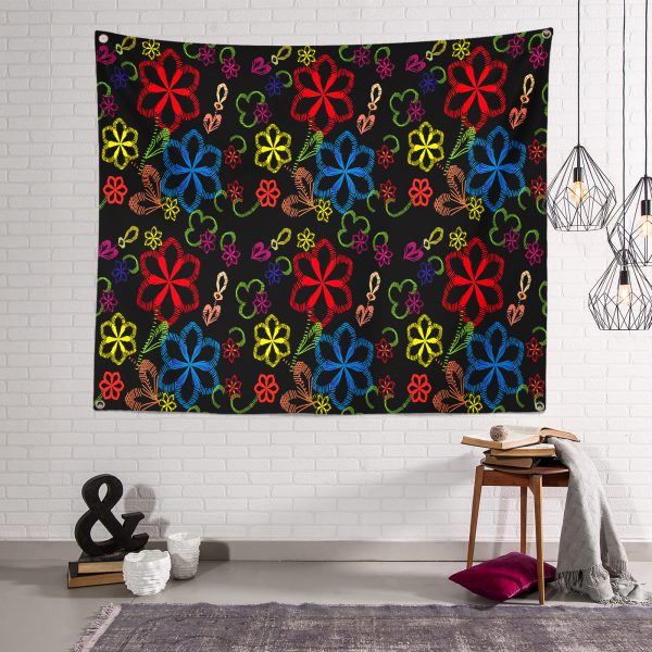 Siyah Zeminde Çiçek Motifleri Özel Tasarımlı Tapestry Duvar Örtüsü