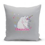 - realhomescomtr-K4313 - Realhomes Gri Zeminli Unicorn At Desenli Özel Tasarım Çocuk Odası Yastık Kırlent Kılıfı Realhomes