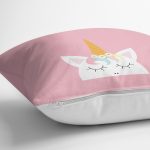 - realhomescomtr-K4314-1 - Realhomes Pembe Zeminde Unicorn Desenli Çocuk Odası Yastık Kırlent Kılıfı Realhomes