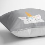 - realhomescomtr-K4315-1 - Realhomes Gri Zeminde Unicorn Desenli Dekoratif Çocuk Odası Yastık Kırlent Kılıfı Realhomes