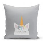 - realhomescomtr-K4315 - Realhomes Gri Zeminde Unicorn Desenli Dekoratif Çocuk Odası Yastık Kırlent Kılıfı Realhomes