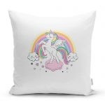 - realhomescomtr-K4324 - Realhomes Beyaz Zeminde Unicorn At ve Yıldızlar Çocuk Odası Yastık Kırlent Kılıfı Realhomes
