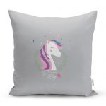 - realhomescomtr-K4333 - Realhomes Gri Zeminde Magic Unicorn Tasarımlı Çocuk Odası Yastık Kırlent Kılıfı Realhomes