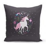 - realhomescomtr-K4334 - Realhomes Siyah Zeminde Unicorn Sevimli At Çocuk Odası Yastık Kırlent Kılıfı Realhomes