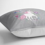 - realhomescomtr-K4335-1 - Realhomes Gri Zeminde Unicorn Sevimli At Çocuk Odası Yastık Kırlent Kılıfı Realhomes