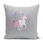 - realhomescomtr-K4335 - Realhomes Gri Zeminde Unicorn Sevimli At Çocuk Odası Yastık Kırlent Kılıfı Realhomes