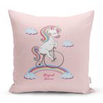 - realhomescomtr-K4338 - Realhomes Pembe Zeminde Bisiklet ve Unicorn Tasarımlı Çocuk Odası Yastık Kırlent Kılıfı Realhomes