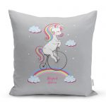 - realhomescomtr-K4339 - Realhomes Gri Zeminde Bisiklet ve Unicorn Tasarımlı Çocuk Odası Yastık Kırlent Kılıfı Realhomes