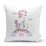 - realhomescomtr-K4340 - Realhomes Beyaz Zeminde Bisiklet ve Unicorn Tasarımlı Çocuk Odası Yastık Kırlent Kılıfı Realhomes